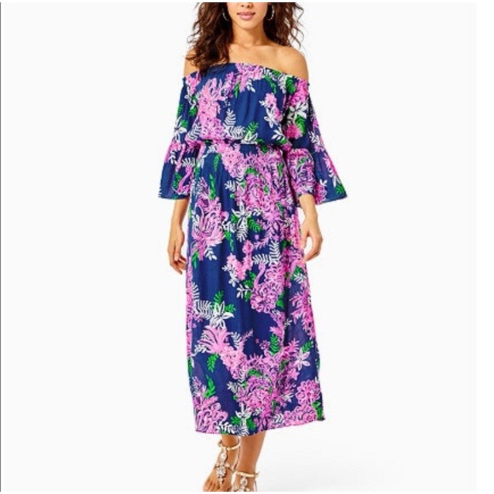 Lilly Pulitzer Ravyn Midi Dress Oyster Bay Navy Ruffle Your Feathers Sz XS‎